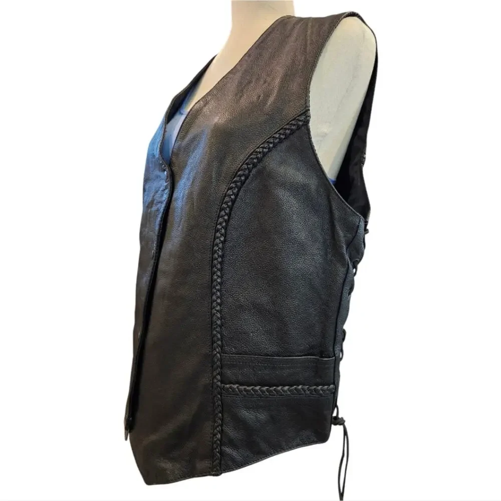 Tennessee Leather Motorcycle Leather Gear Vest With Braided Trim Snap Closure 2X
